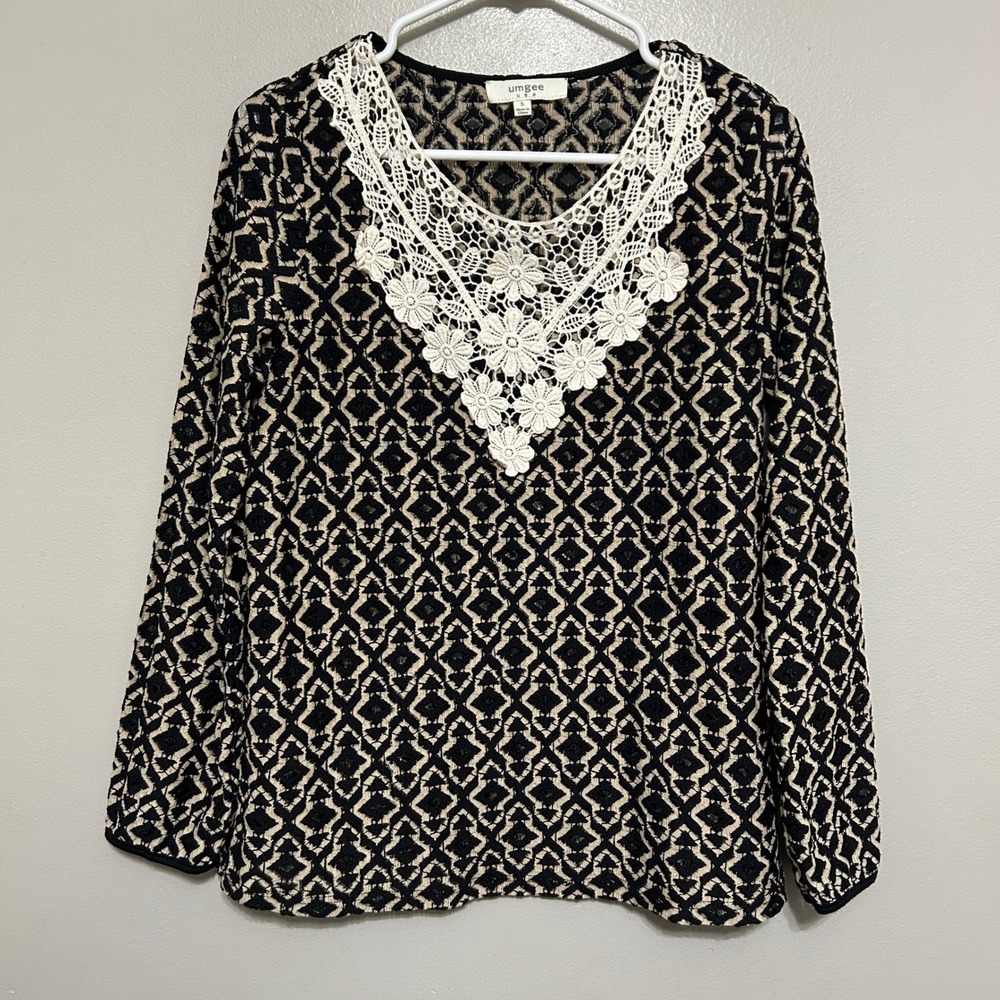 Umgee Blouse S Black Tan Ivory Crochet Lace Overlay Geometric Boho Cottagecore